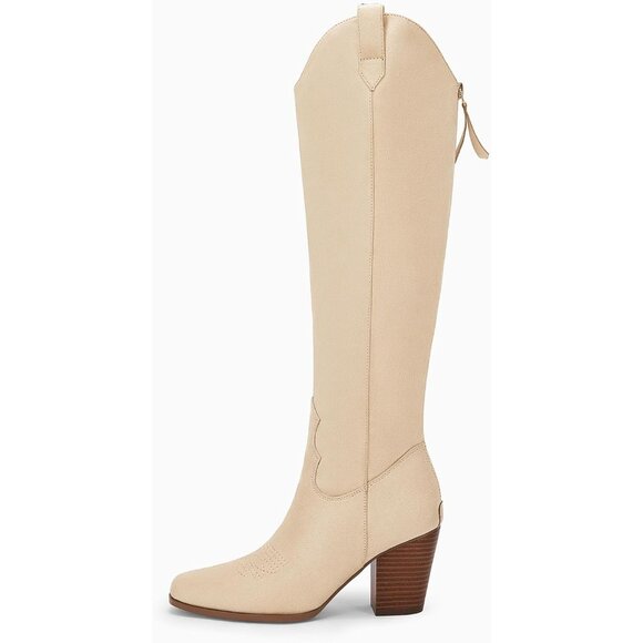 Women Beige Cowboy Knee High Boots Chunky Block Heel Square Toe Tall Riding Boot - Picture 3 of 5